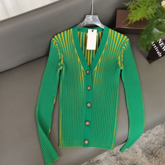 Early Autumn New Women's Ribbed Knitted Cardigan Niche Long-Sleeved Hundred Pit Stripes Thin V-Neck Cardigan Tops