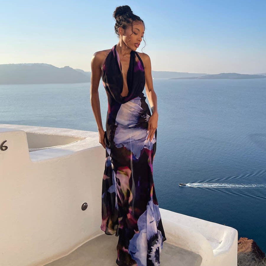 Women's Dresses Sexy Backless Printed Hanging Neck Gowns Dresses Black Dresses