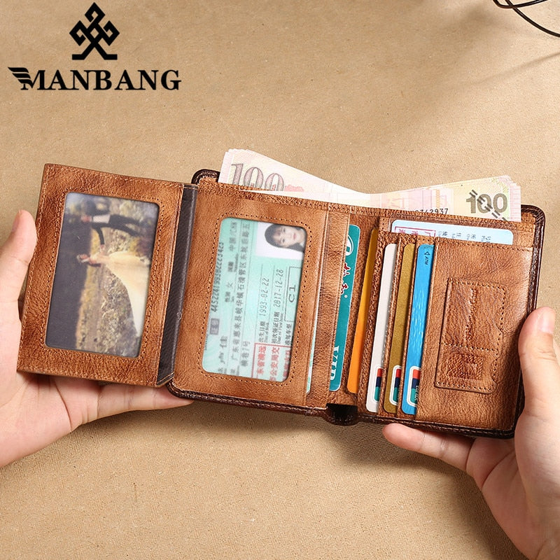 ManBang Male Genuine Leather Wallets Men Wallet Credit Business Card Holders Vintage Brown Leather Wallet Purses High Quality