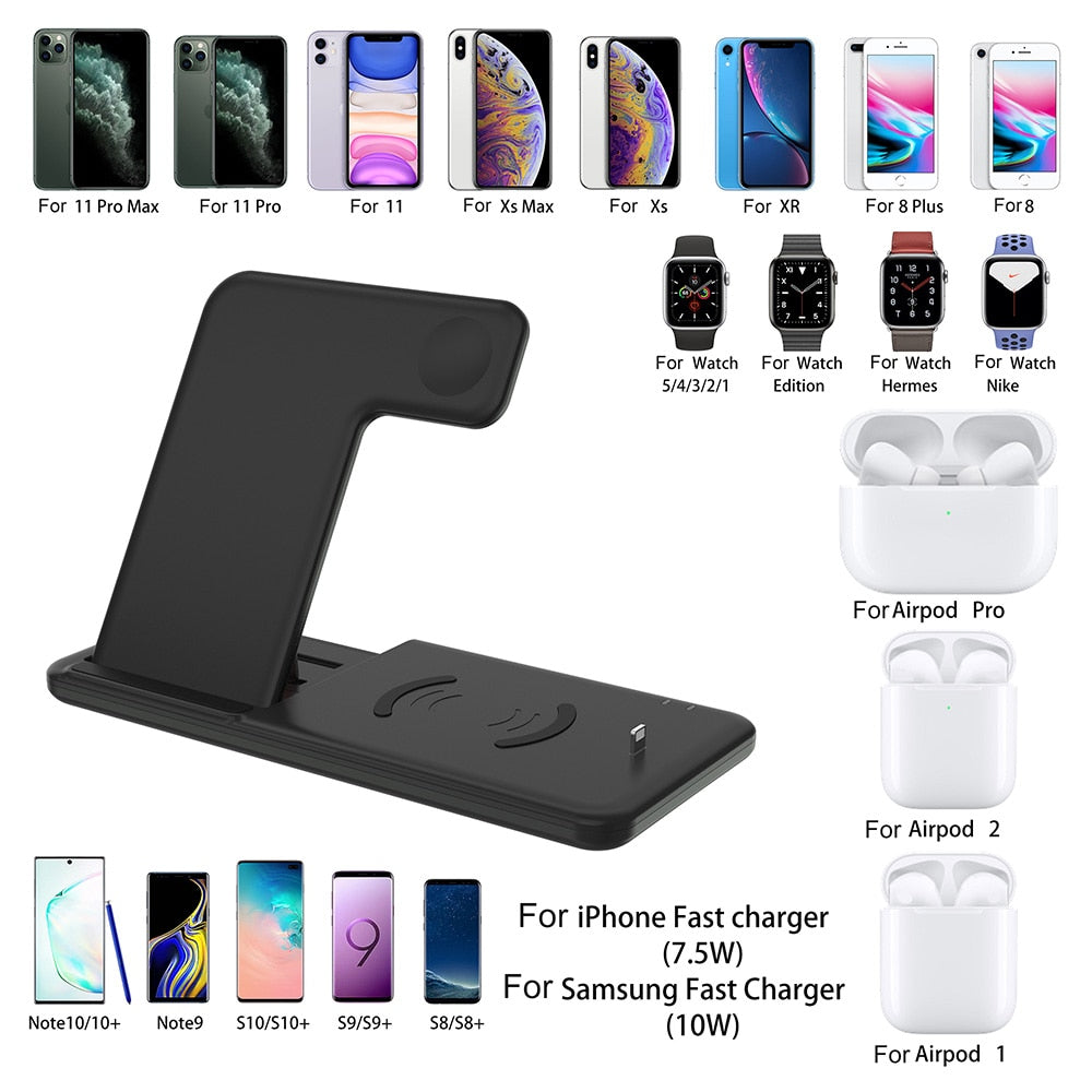 15W Qi Fast Wireless Charger Stand For iPhone 11 XR X 8 Apple Watch 4 in 1 Foldable Charging Dock Station. Accessories