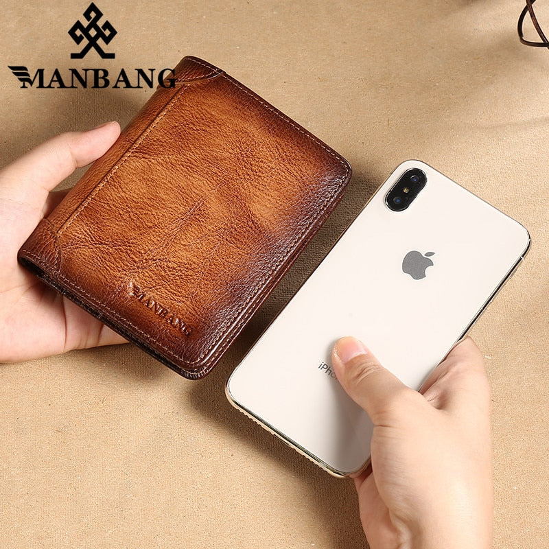 ManBang Male Genuine Leather Wallets Men Wallet Credit Business Card Holders Vintage Brown Leather Wallet Purses High Quality