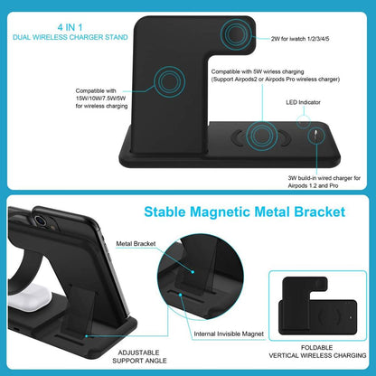 15W Qi Fast Wireless Charger Stand For iPhone 11 XR X 8 Apple Watch 4 in 1 Foldable Charging Dock Station. Accessories