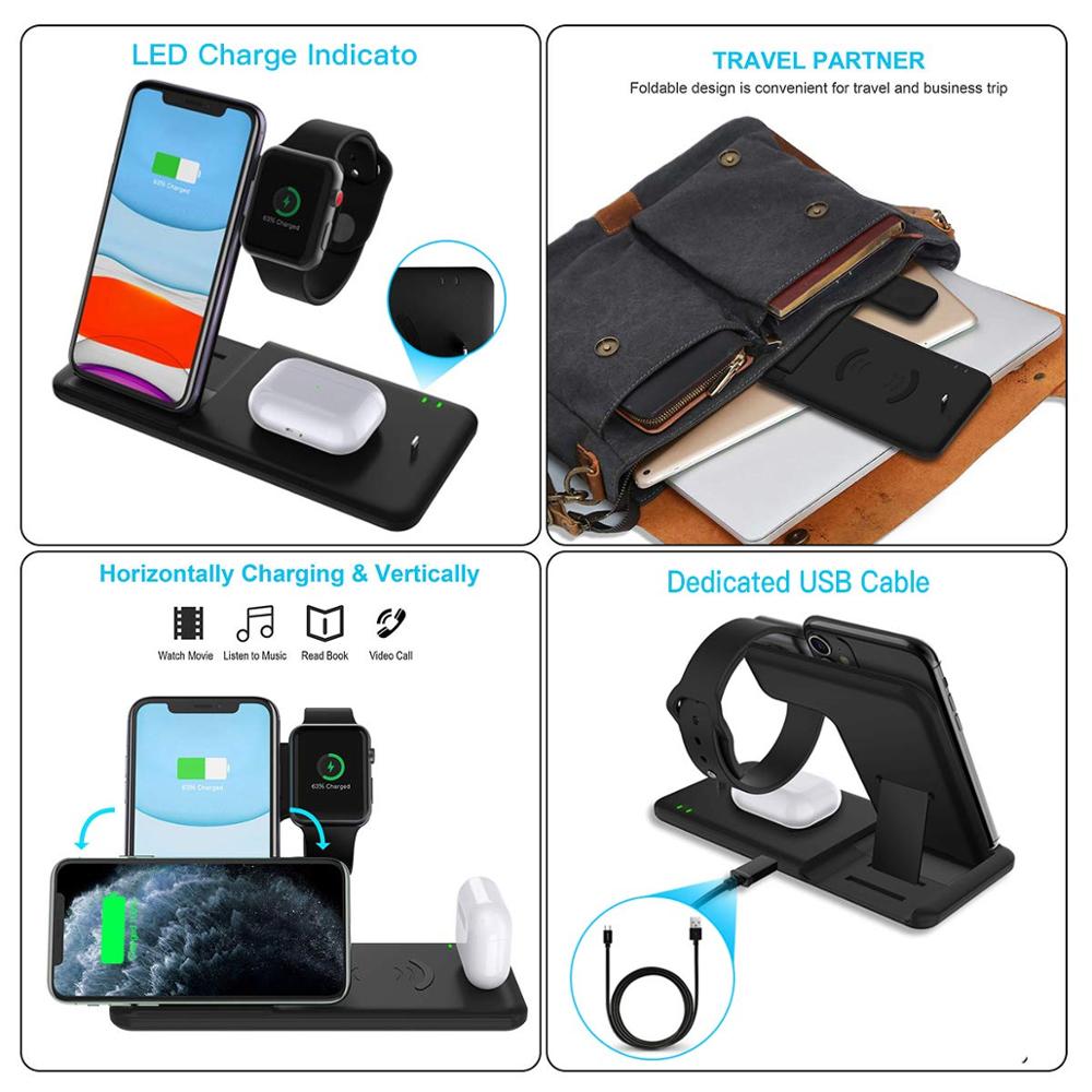 15W Qi Fast Wireless Charger Stand For iPhone 11 XR X 8 Apple Watch 4 in 1 Foldable Charging Dock Station. Accessories