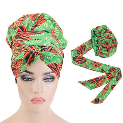 Helisopus Ladies African Print Satin Bonnet with Long Ribbon Head Wrap Women Double Layer Turban Ankara Pattern Party Headwrap