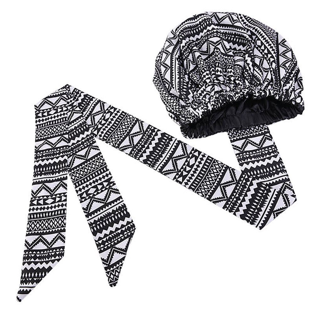 Helisopus Ladies African Print Satin Bonnet with Long Ribbon Head Wrap Women Double Layer Turban Ankara Pattern Party Headwrap