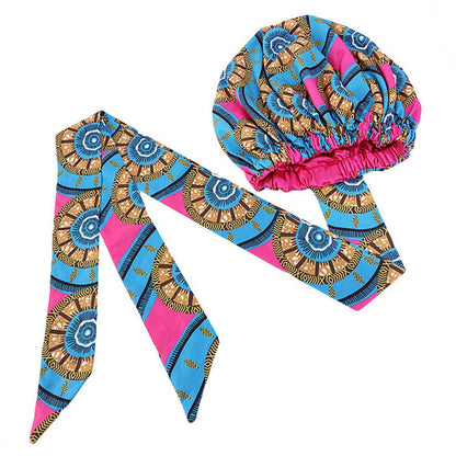 Helisopus Ladies African Print Satin Bonnet with Long Ribbon Head Wrap Women Double Layer Turban Ankara Pattern Party Headwrap