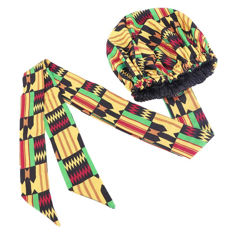 Helisopus Ladies African Print Satin Bonnet with Long Ribbon Head Wrap Women Double Layer Turban Ankara Pattern Party Headwrap