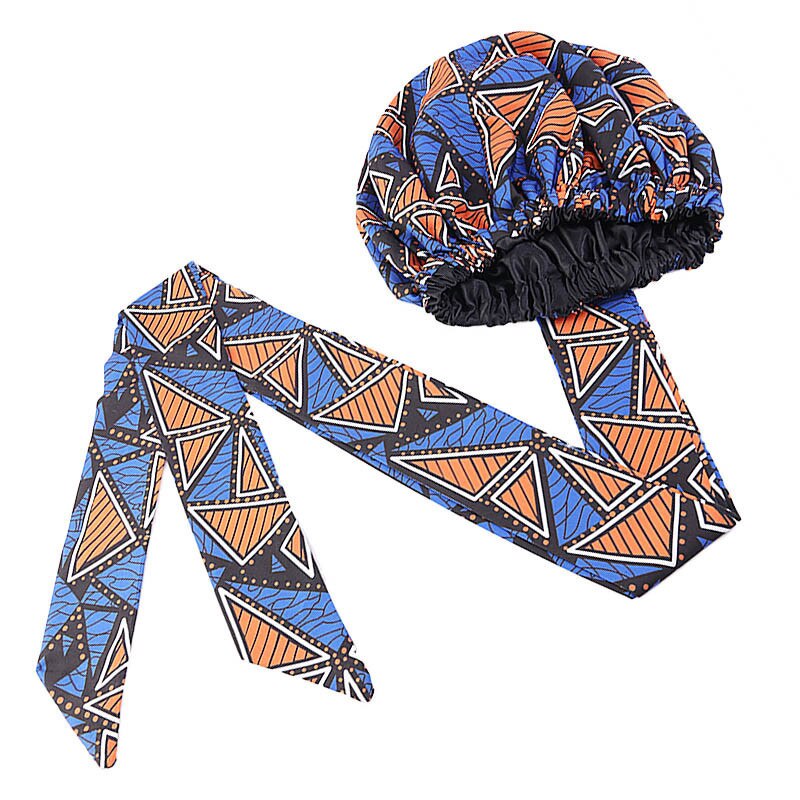 Helisopus Ladies African Print Satin Bonnet with Long Ribbon Head Wrap Women Double Layer Turban Ankara Pattern Party Headwrap