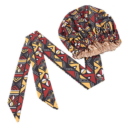 Helisopus Ladies African Print Satin Bonnet with Long Ribbon Head Wrap Women Double Layer Turban Ankara Pattern Party Headwrap