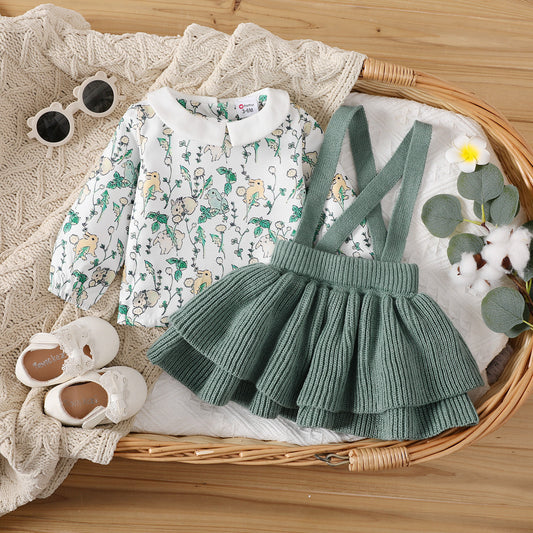 2pcs Baby Girl Allover Floral & Animal Print Long-sleeve Sweater and Solid Strappy Skirt Set