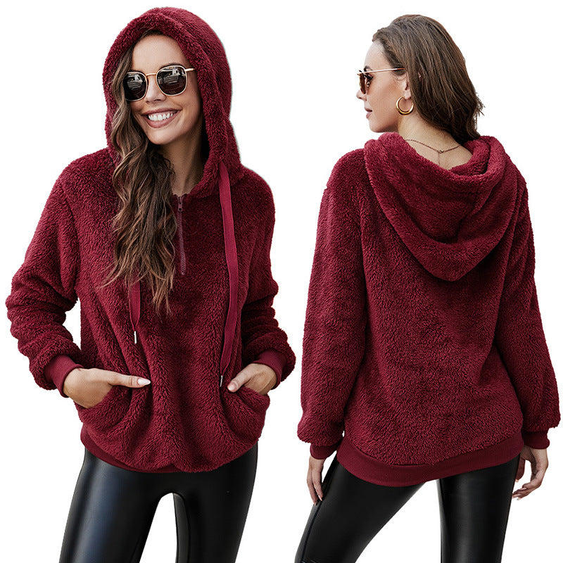 Amazon autumn and winter cross-border Europe and America long sleeve zipper hooded collar solid color women's sweater sweater jacket with pockets