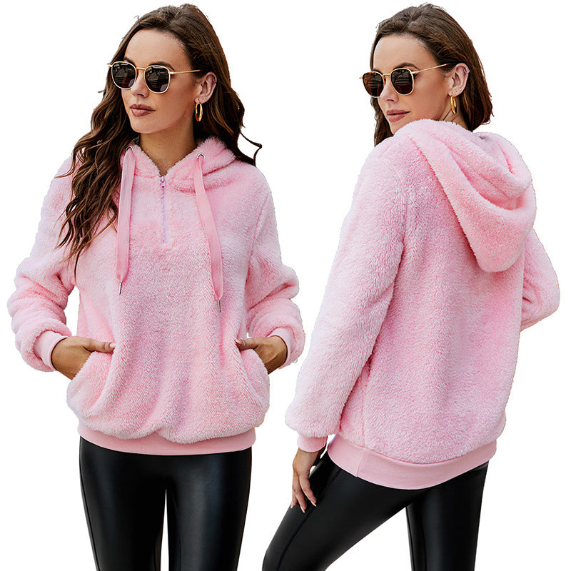 Amazon autumn and winter cross-border Europe and America long sleeve zipper hooded collar solid color women's sweater sweater jacket with pockets