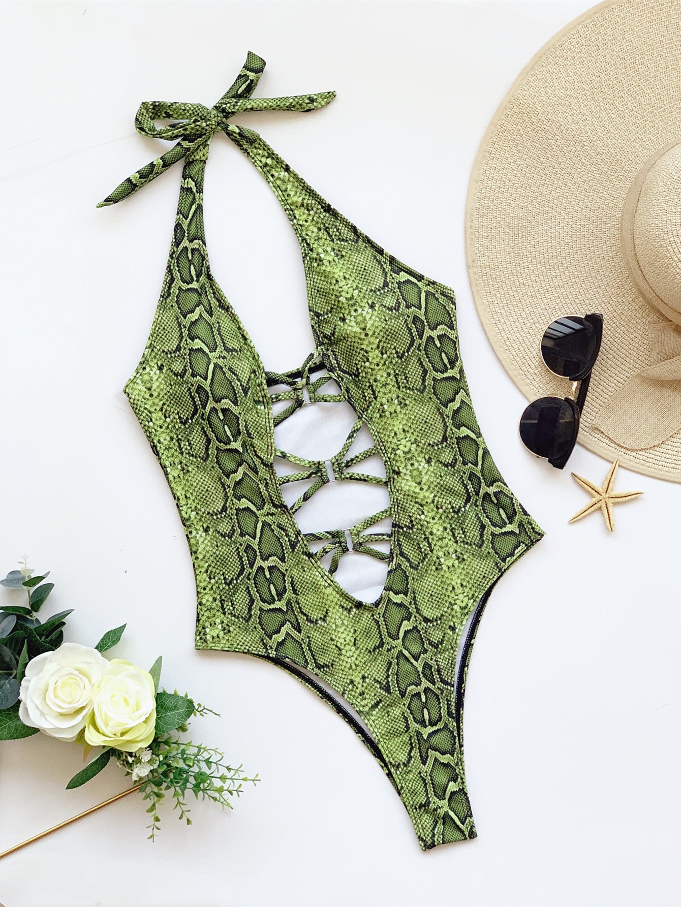 One-Piece Bikini with Snake Print Straps