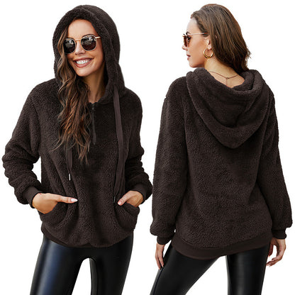 Amazon autumn and winter cross-border Europe and America long sleeve zipper hooded collar solid color women's sweater sweater jacket with pockets