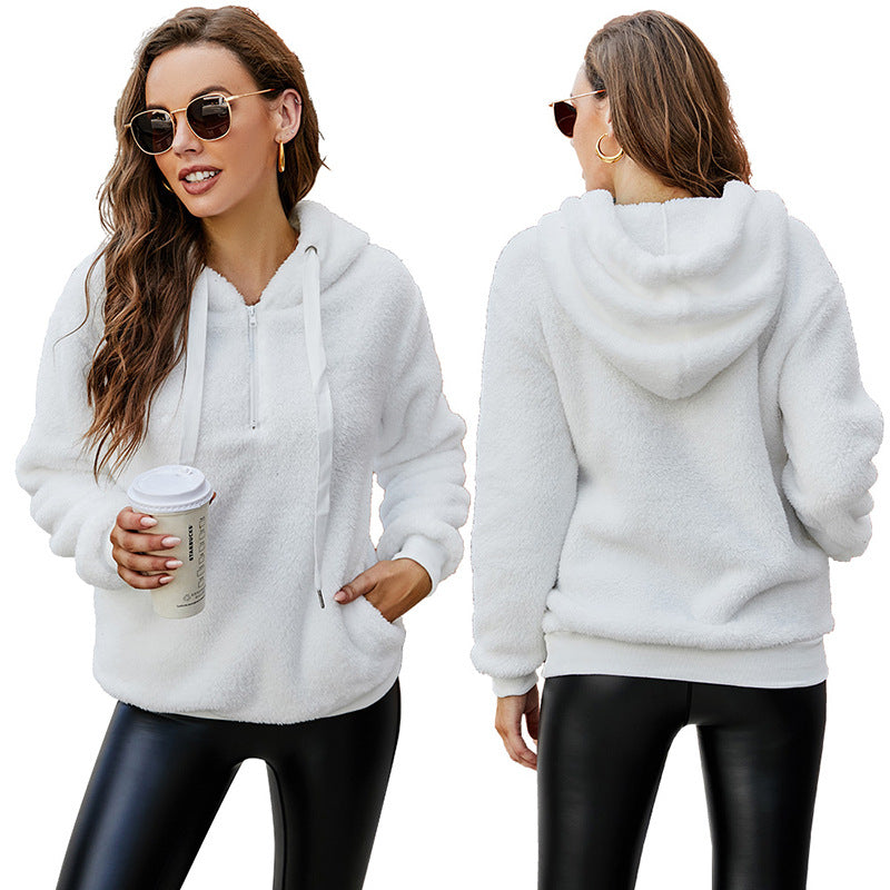 Amazon autumn and winter cross-border Europe and America long sleeve zipper hooded collar solid color women's sweater sweater jacket with pockets