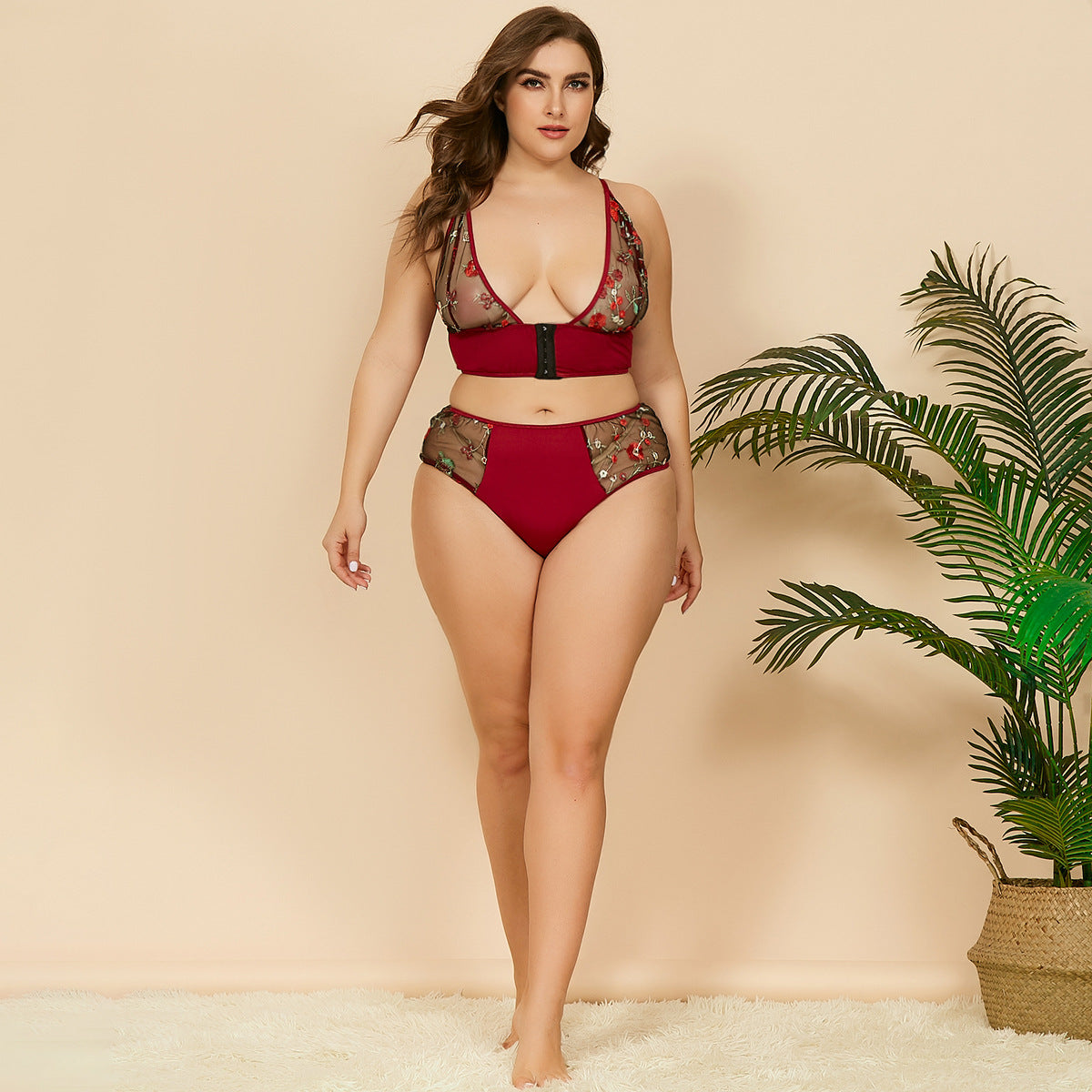 front buckle embroidery lace perspective sexy underwear two-piece set