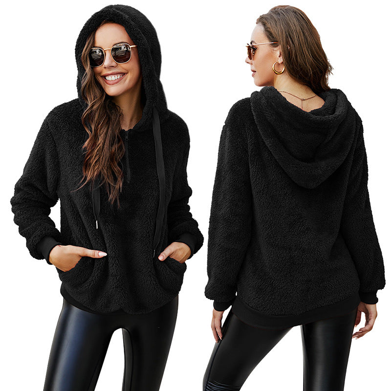 Amazon autumn and winter cross-border Europe and America long sleeve zipper hooded collar solid color women's sweater sweater jacket with pockets