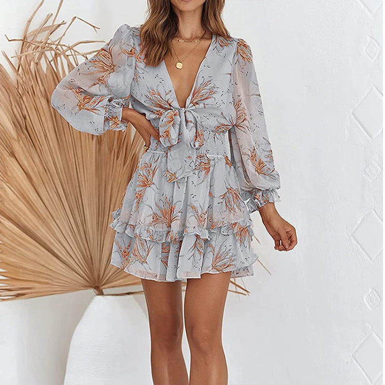 Early broken flower lace up temperament Chiffon commuter dress