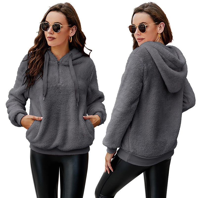 Amazon autumn and winter cross-border Europe and America long sleeve zipper hooded collar solid color women's sweater sweater jacket with pockets