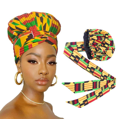 Helisopus Ladies African Print Satin Bonnet with Long Ribbon Head Wrap Women Double Layer Turban Ankara Pattern Party Headwrap